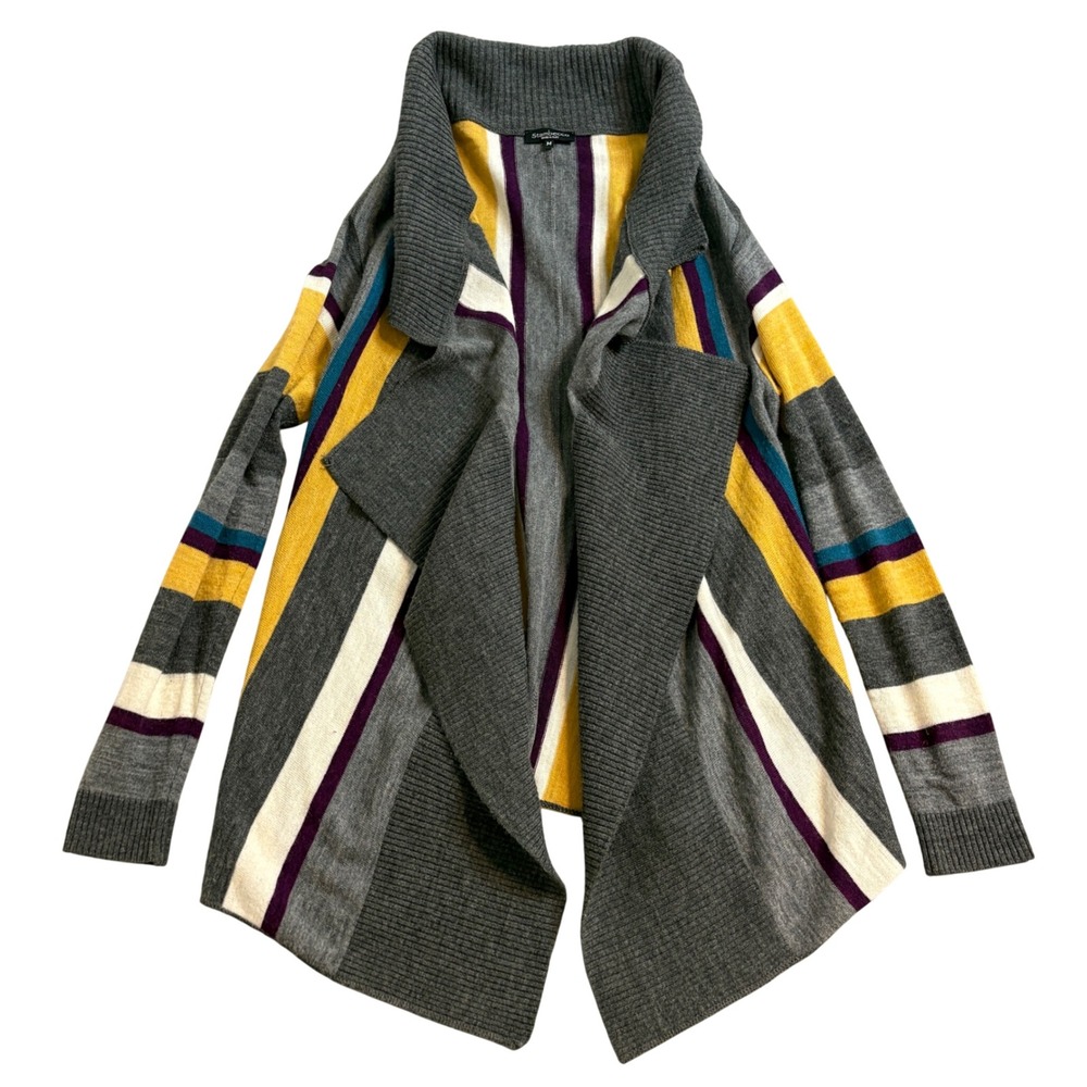 Stambecco Italy Womens Striped Open Front Cardigan Grey Yellow Wool Blend M